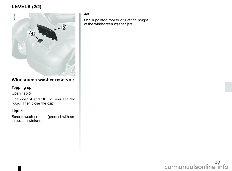 RENAULT TWIZY 2018  Owners Manual 4.3
4
Windscreen washer reservoir
Topping up
Open flap 5.Open cap 4  and fill until you see the 
liquid. Then close the cap.
Liquid
Screen wash product (product with an-
tifreeze in winter).
LEVELS (2
