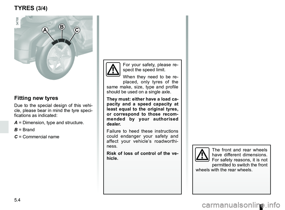 RENAULT TWIZY 2018  Owners Manual 5.4
TYRES (3/4)
Fitting new tyres
Due to the special design of this vehi-
cle, please bear in mind the tyre speci-
fications as indicated:
A = Dimension, type and structure.
B = Brand
C = Commercial n