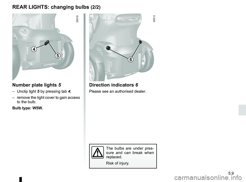 RENAULT TWIZY 2018  Owners Manual 5.9
REAR LIGHTS: changing bulbs (2/2)
Direction indicators 6
Please see an authorised dealer.
Number plate lights 5
– Unclip light 5 by pressing tab 4;
–  remove the light cover to gain access  to