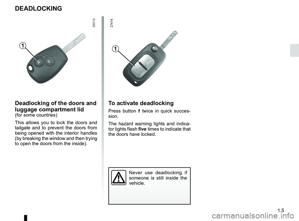 RENAULT WIND ROADSTER 2012  Owners Manual central door locking .............................. (up to the end of the DU)
locking the doors  .................................. (up to the end of the DU)
1.5
ENG_UD15444_1
Super condamnation (E33 