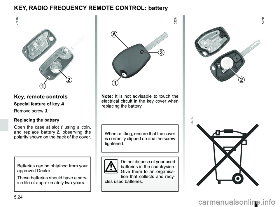 RENAULT WIND ROADSTER 2012  Owners Manual batteries ................................................................. (current page)
5.24
ENG_UD13476_1
télécommande à radiofréquence : piles (E33 - X33 - Renault)\
ENG_NU_865-6_E33_Renault