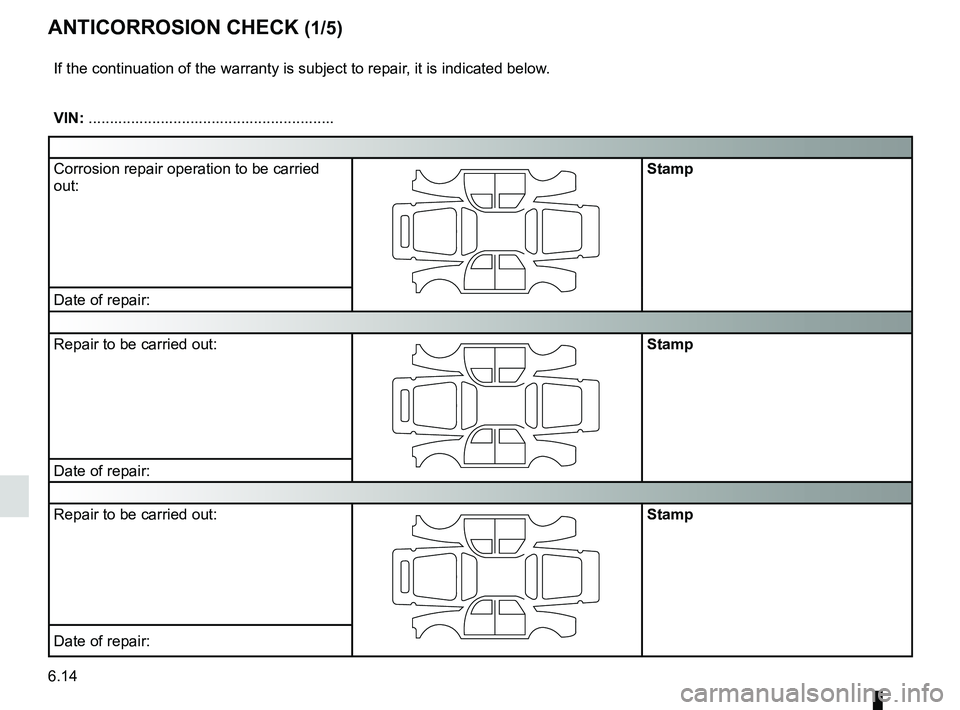 RENAULT WIND ROADSTER 2012  Owners Manual anti-corrosion check ............................. (up to the end of the DU)
6.14
ENG_UD10911_1
Contrôle anticorrosion (X35 - X44 - X45 - X65 - X73 - X81 - X84 - X85 - X90 - X91 - X70 - X76 - X83 - X