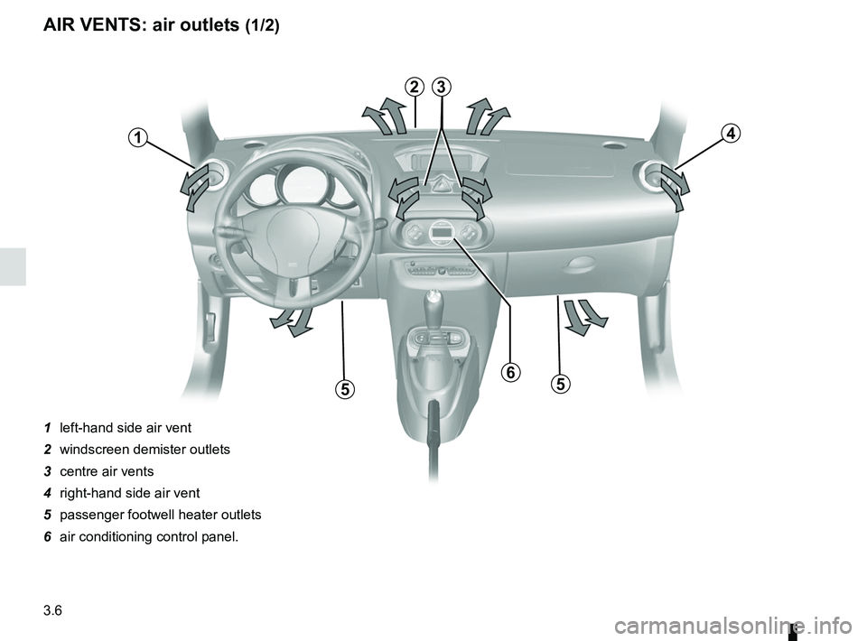 RENAULT WIND ROADSTER 2012  Owners Manual air vents ................................................ (up to the end of the DU)
3.6
ENG_UD20477_2
Aérateurs (sorties d’air) (E33 - X33 - Renault)ENG_NU_865-6_E33_Renault_3
Jaune NoirNoir texte