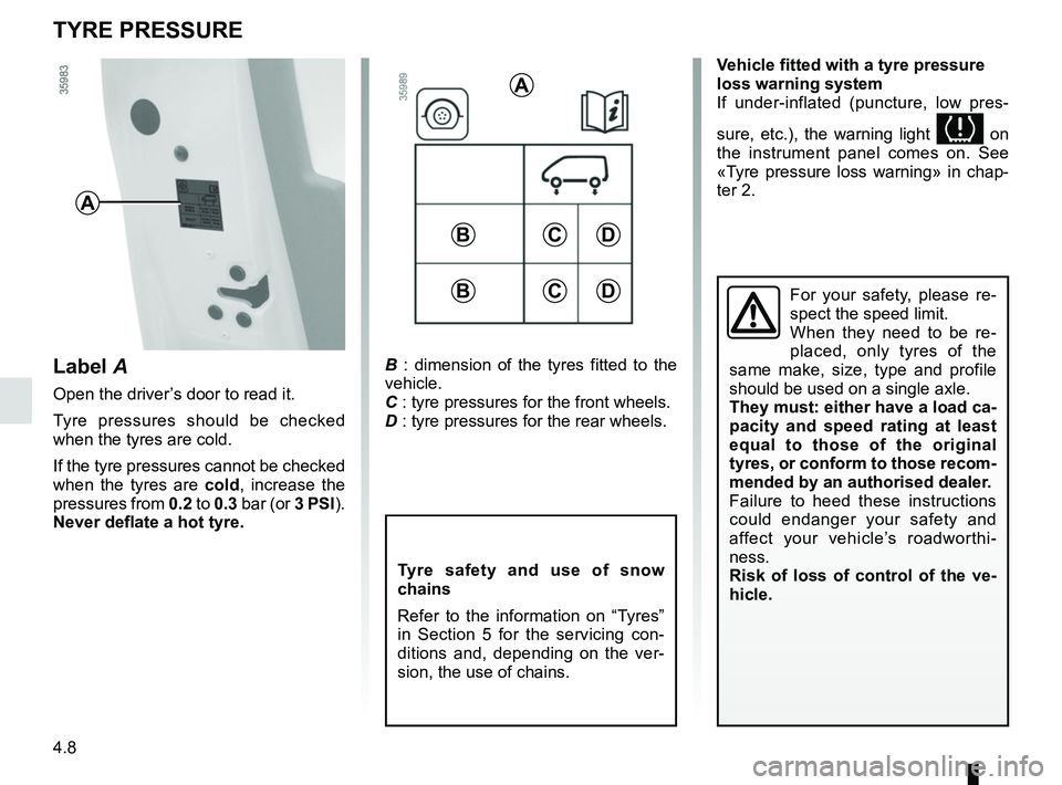RENAULT ZOE 2018  Owners Manual 4.8
TYRE PRESSURE
B : dimension of the tyres fitted to the 
vehicle.
C : tyre pressures for the front wheels.
D : tyre pressures for the rear wheels.
Tyre safety and use of snow 
chains
Refer to the i