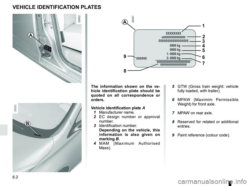 RENAULT ZOE 2018  Owners Manual 6.2
VEHICLE IDENTIFICATION PLATES
A
B
A
The information shown on the ve-
hicle identification plate should be 
quoted on all correspondence or 
orders.
Vehicle identification plate A
  1 Manufacturer 