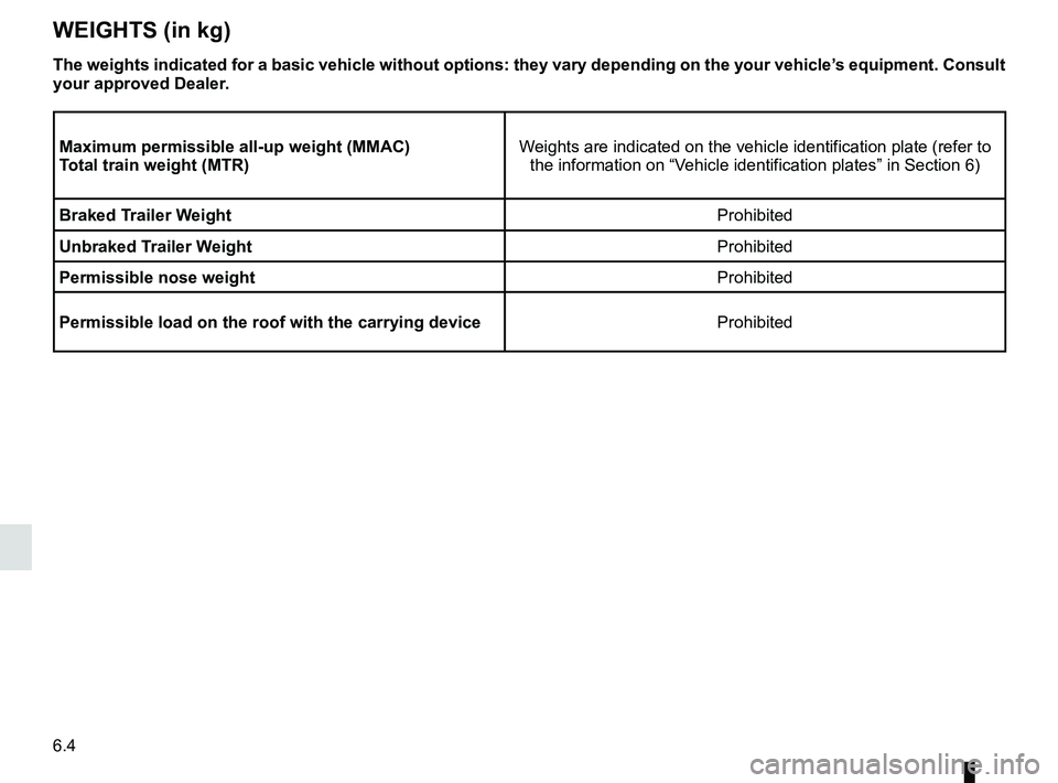 RENAULT ZOE 2018  Owners Manual 6.4
WEIGHTS (in kg)
The weights indicated for a basic vehicle without options: they vary dep\
ending on the your vehicle’s equipment. Consult 
your approved Dealer.
Maximum permissible all-up weight