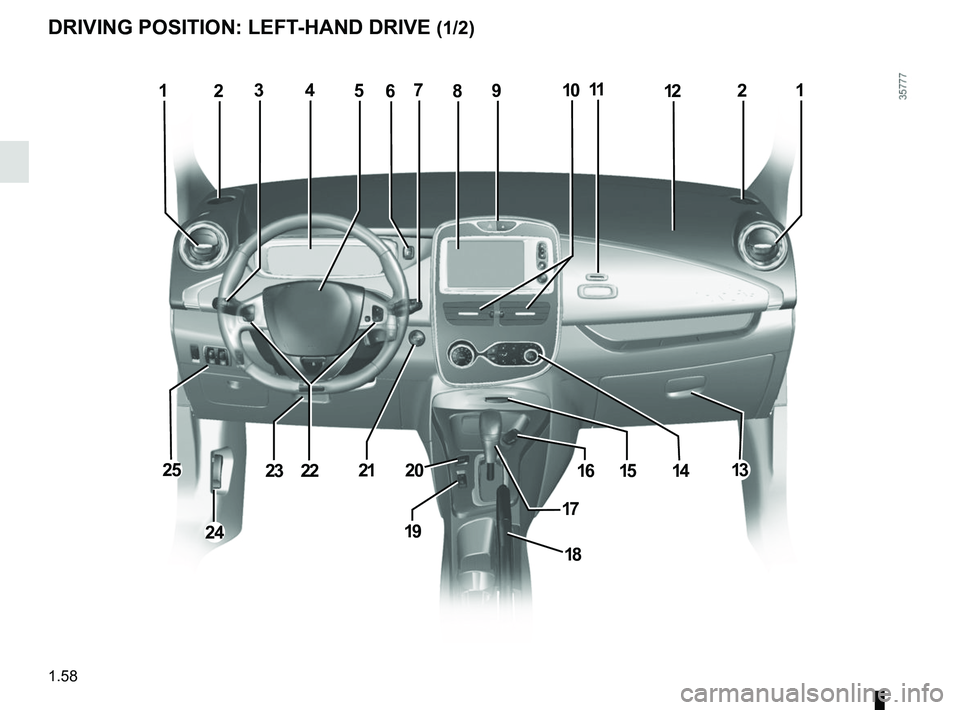 RENAULT ZOE 2018  Owners Manual 1.58
DRIVING POSITION: LEFT-HAND DRIVE (1/2)
1234571221
131416
19
15
18
21
24
23222520
89106
17
11  