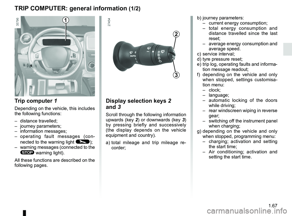 RENAULT ZOE 2018 Owners Manual 1.67
TRIP COMPUTER: general information (1/2)
Trip computer 1
Depending on the vehicle, this includes
the following functions:
– distance travelled;
– journey parameters;
– information message RENAULT ZOE 2018 Owners Manual 1.67
TRIP COMPUTER: general information (1/2)
Trip computer 1
Depending on the vehicle, this includes
the following functions:
– distance travelled;
– journey parameters;
– information message