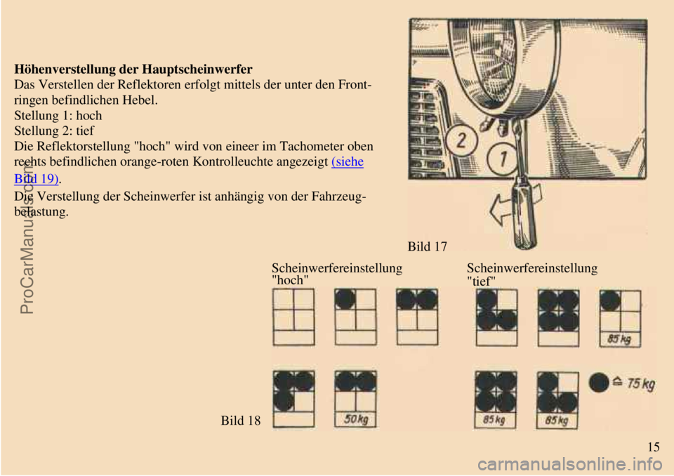 TRABANT 601 1987  Owners Manual  
 
Höhenverstellung der Hauptscheinwerfer
Das Verstellen der Reflektoren erfolgt mittels der unter den Front-
ringen befindlichen Hebel.
Stellung 1: hoch
Stellung 2: tief
Die Reflektorstellung "hoch