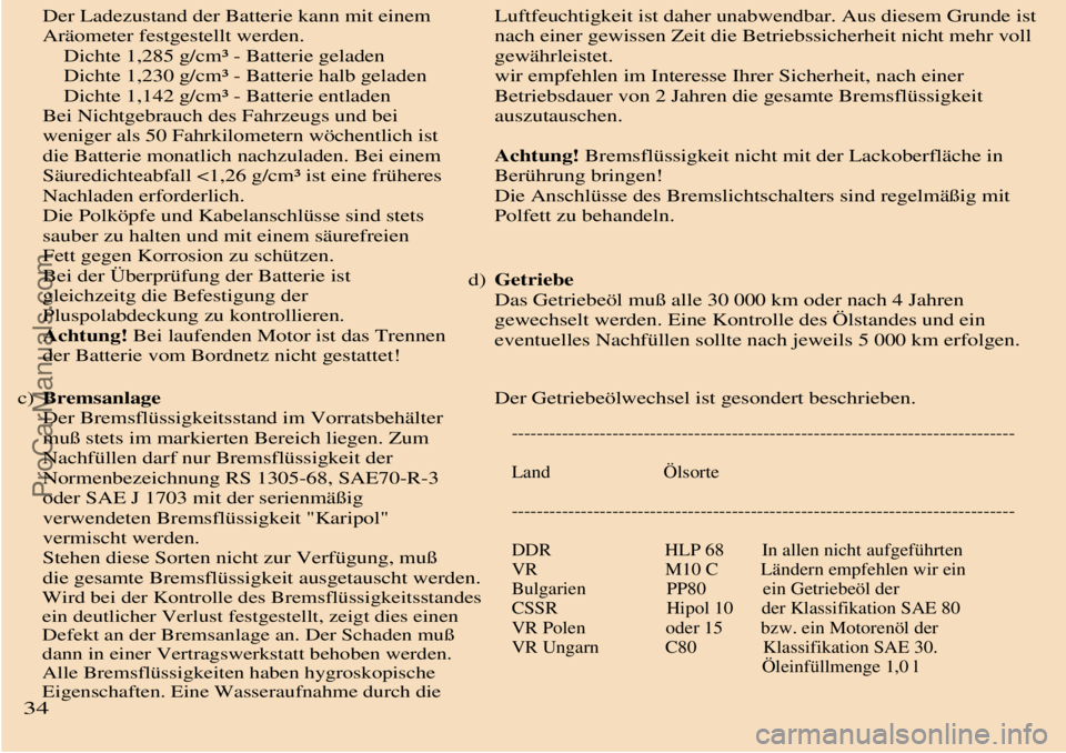 TRABANT 601 1987 Owners Manual
Der Ladezustand der Batterie kann mit einem
Aräometer festgestellt werden.
Dichte 1,285 g/cm³ - Batterie geladen
Dichte 1,230 g/cm³ - Batterie halb geladen
Dichte 1,142 g/cm³ - B TRABANT 601 1987 Owners Manual
Der Ladezustand der Batterie kann mit einem
Aräometer festgestellt werden.
Dichte 1,285 g/cm³ - Batterie geladen
Dichte 1,230 g/cm³ - Batterie halb geladen
Dichte 1,142 g/cm³ - B