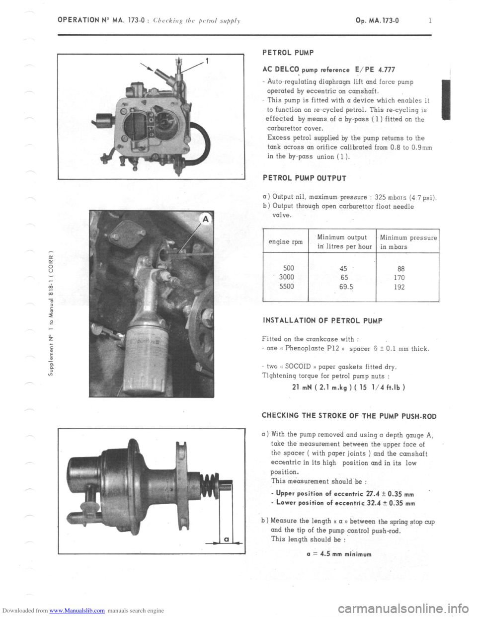 Citroen CX 1981 1.G Workshop Manual Downloaded from www.Manualslib.com manuals search engine OPERATION No MA. 173-O : Chrrkivp fhr prmd s,,pp/> Op. MA. 173.0 1
PETROL PUMP
AC DELCO pump reference E/PE 4.777
Auto-regulating diaphragm Citroen CX 1981 1.G Workshop Manual Downloaded from www.Manualslib.com manuals search engine OPERATION No MA. 173-O : Chrrkivp fhr prmd s,,pp/> Op. MA. 173.0 1
PETROL PUMP
AC DELCO pump reference E/PE 4.777
Auto-regulating diaphragm