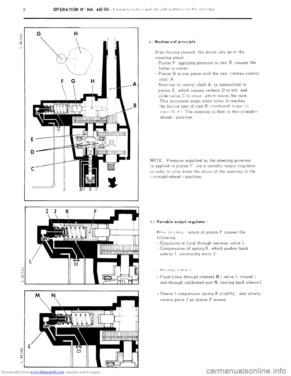 Citroen CX 1983 1.G Workshop Manual Downloaded from www.Manualslib.com manuals search engine a ) Mechanical principle
After having steered the driver lets go of the
s teerinq wheel
Piston F applyinq pressure to cam H, causes the
lat Citroen CX 1983 1.G Workshop Manual Downloaded from www.Manualslib.com manuals search engine a ) Mechanical principle
After having steered the driver lets go of the
s teerinq wheel
Piston F applyinq pressure to cam H, causes the
lat