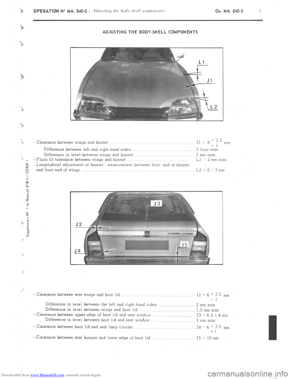 Citroen CX 1982 1.G Workshop Manual Downloaded from www.Manualslib.com manuals search engine OPERATION NO MA. 840-O : Adjjrrsting the body-shell rompovcnts Op. MA. 840.0 1 
ADJUSTING THE BODY-SHELL COMPONENTS 
t 
Jl 
- 
- Clearance betw
