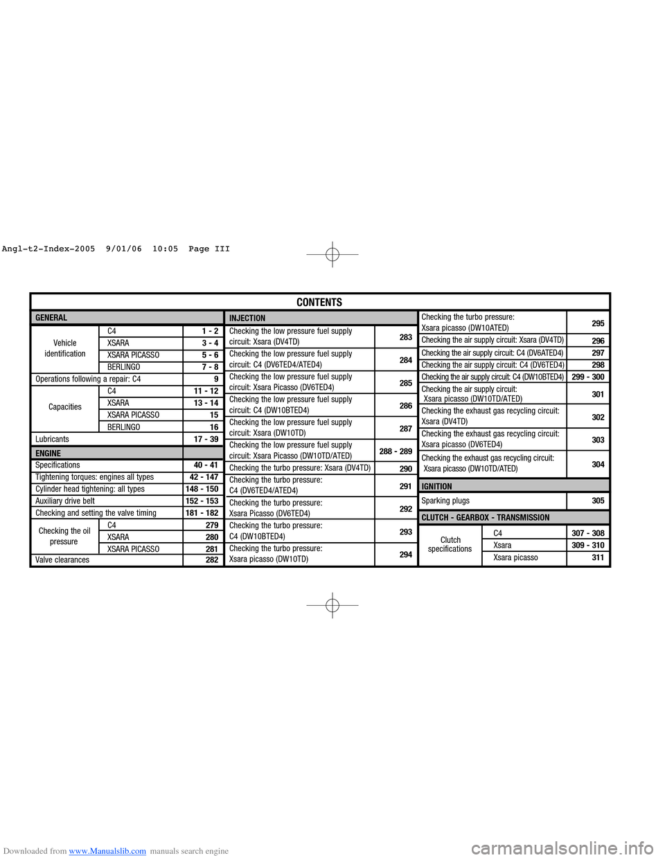 Citroen XSARA PICASSO 2005 1.G Workshop Manual Downloaded from www.Manualslib.com manuals search engine GENERAL
C41 - 2
XSARA3 - 4
XSARA PICASSO5 - 6
BERLINGO7 - 8
Operations following a repair: C49
C411 - 12
XSARA13 - 14
XSARA PICASSO15
BERLINGO1 Citroen XSARA PICASSO 2005 1.G Workshop Manual Downloaded from www.Manualslib.com manuals search engine GENERAL
C41 - 2
XSARA3 - 4
XSARA PICASSO5 - 6
BERLINGO7 - 8
Operations following a repair: C49
C411 - 12
XSARA13 - 14
XSARA PICASSO15
BERLINGO1