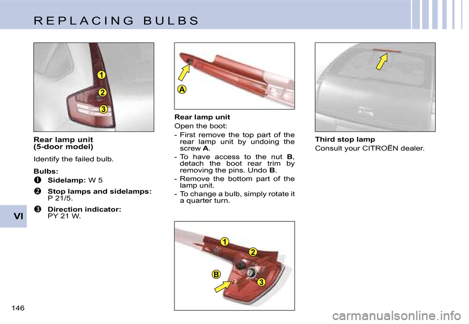 Citroen C4 DAG 2006.5 1.G Owners Manual �3
�2
�1
�1
�2
�3�B
�A
�V�I
�1�4�6� �R�e�a�r� �l�a�m�p� �u�n�i�t�  
�(�5�-�d�o�o�r� �m�o�d�e�l�) 
�I�d�e�n�t�i�f�y� �t�h�e� �f�a�i�l�e�d� �b�u�l�b�.
�B�u�l�b�s�:
��  �S�i�d�e�l�a�m�p�:
� �W� �5
�