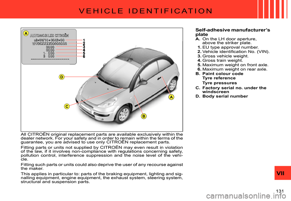 Citroen C3 PLURIEL 2007.5 1.G Owners Manual A
A
B
D
1
C
VII
�1�3�1� 
�V �E �H �I �C �L �E �  �I �D �E �N �T �I �F �I �C �A �T �I �O �N
Self-adhesive manufacturer’s plateA. On the LH door aperture, above the striker plate.1. EU type approval n
