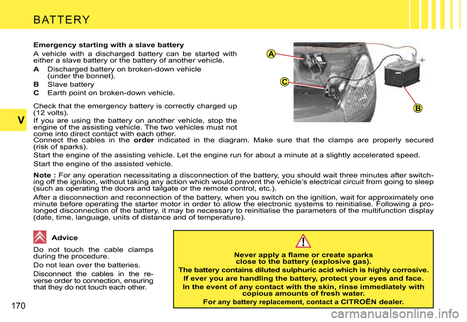 Citroen C4 PICASSO DAG 2007.5 1.G Owners Manual �A
�C
�B
�1�7�0
�V�B �A�T �T �E �R �Y
�E�m�e�r�g�e�n�c�y� �s�t�a�r�t�i�n�g� �w�i�t�h� �a� �s�l�a�v�e� �b�a�t�t�e�r�y 
�A�  �v�e�h�i�c�l�e�  �w�i�t�h�  �a�  �d�i�s�c�h�a�r�g�e�d�  �b�a�t�t�e�r�y�  �c�a