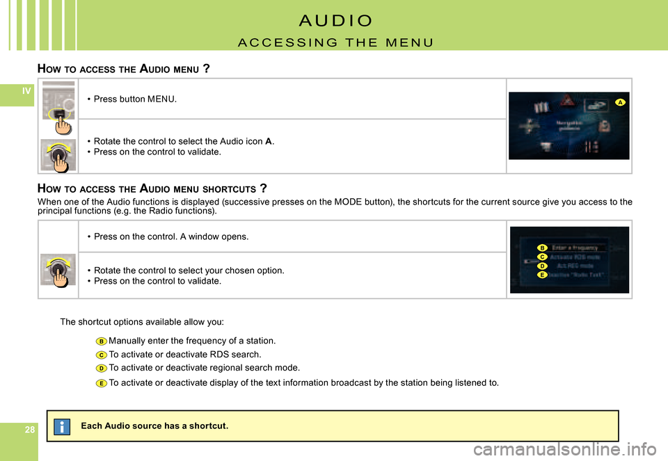 Citroen C5 2007.5 (DC/DE) / 1.G Owners Manual 282828
IV
B
C
D
E
BCDE
A
HOW  TO  ACCESS  THE  AUDIO  MENU  ?
HOW  TO  ACCESS  THE  AUDIO  MENU  SHORTCUTS  ?
The shortcut options available allow you:
Manually enter the frequency of a station.
To ac