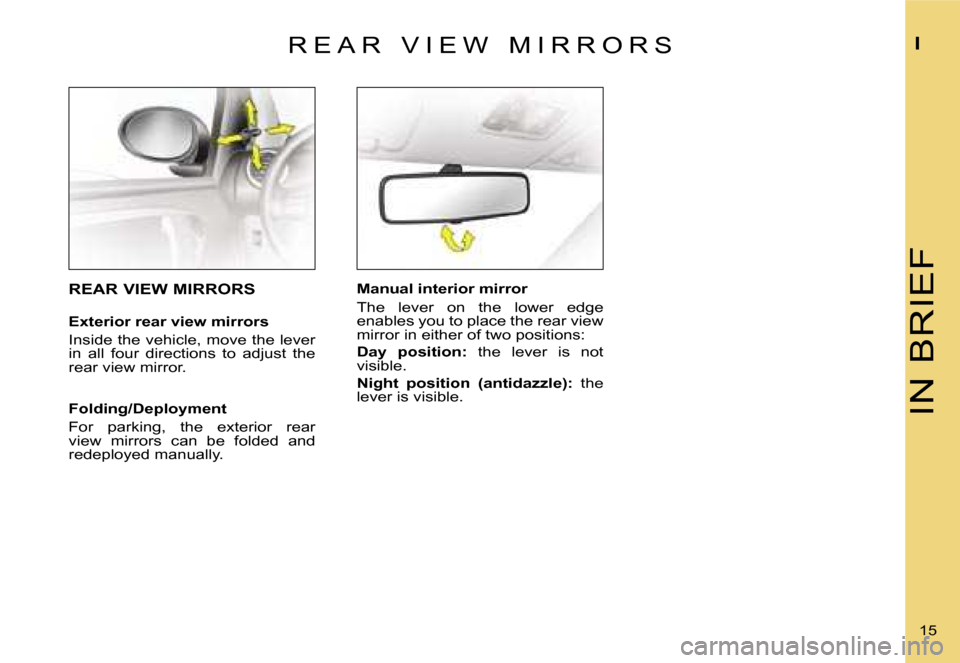 Citroen C1 DAG 2007 1.G Owners Manual �I�N� �B�R�I�E�F
�I
�1�5� 
�R �E �A �R �  �V �I �E �W �  �M �I �R �R �O �R �S
�M�a�n�u�a�l� �i�n�t�e�r�i�o�r� �m�i�r�r�o�r 
�T�h�e�  �l�e�v�e�r�  �o�n�  �t�h�e�  �l�o�w�e�r�  �e�d�g�e�  
�e�n�a�b�l�e�