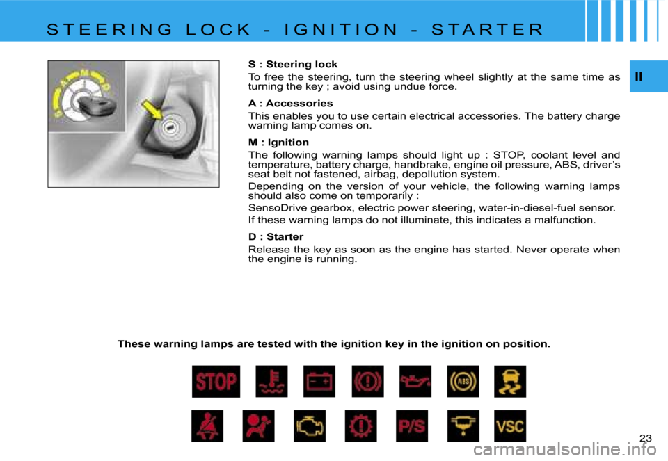 Citroen C1 DAG 2007 1.G Owners Manual �I�I
�2�3� 
�S� �:� �S�t�e�e�r�i�n�g� �l�o�c�k 
�T�o�  �f�r�e�e�  �t�h�e�  �s�t�e�e�r�i�n�g�,�  �t�u�r�n�  �t�h�e�  �s�t�e�e�r�i�n�g�  �w�h�e�e�l�  �s�l�i�g�h�t�l�y�  �a�t�  �t
�h�e�  �s�a�m�e�  �t�i�