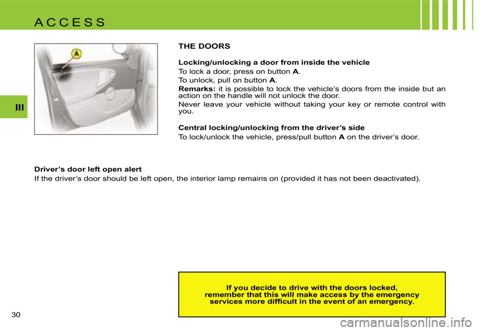 Citroen C1 DAG 2007 1.G Owners Manual �I�I�I
�3�0� 
�T�H�E� �D�O�O�R�S
�L�o�c�k�i�n�g�/�u�n�l�o�c�k�i�n�g� �a� �d�o�o�r� �f�r�o�m� �i�n�s�i�d�e� �t�h�e� �v�e�h�i�c�l�e 
�T�o� �l�o�c�k� �a� �d�o�o�r�,� �p�r�e�s�s� �o�n� �b�u�t�t�o�n� �A�.
