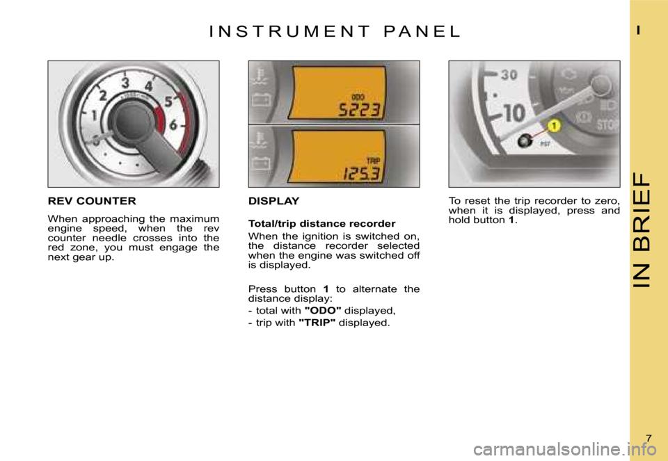 Citroen C1 DAG 2007 1.G Owners Manual �I�N� �B�R�I�E�F
�I
�7� 
�I �N �S �T �R �U �M �E �N �T �  �P �A �N �E �L
�R�E�V� �C�O�U�N�T�E�R
�W�h�e�n�  �a�p�p�r�o�a�c�h�i�n�g�  �t�h�e�  �m�a�x�i�m�u�m�  
�e�n�g�i�n�e�  �s�p�e�e�d�,�  �w�h�e�n�  