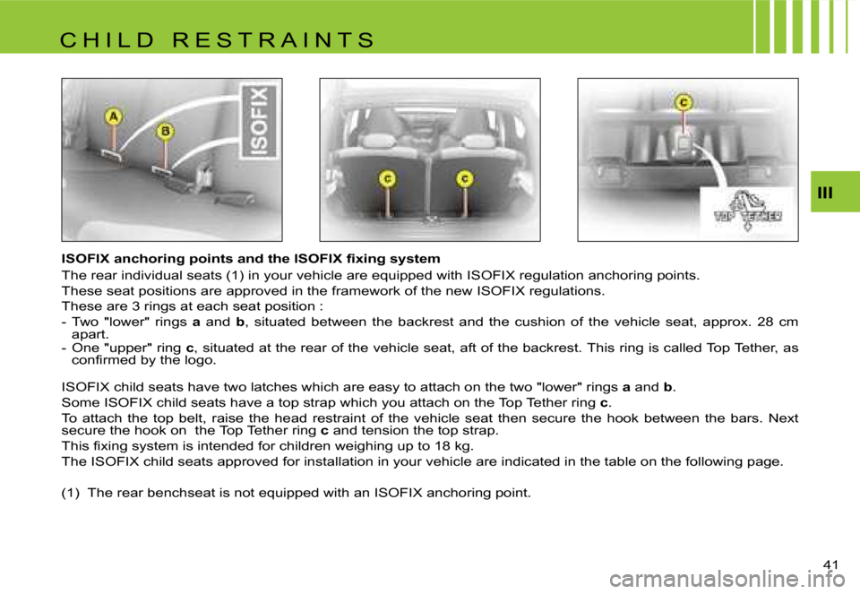 Citroen C1 DAG 2007 1.G Owners Manual �I�I�I
�4�1� 
�I�S�O�F�I�X� �a�n�c�h�o�r�i�n�g� �p�o�i�n�t�s� �a�n�d� �t�h�e� �I�S�O�F�I�X� �ﬁ�x�i�n�g �s�y�s�t�e�m 
�T�h�e� �r�e�a�r� �i�n�d�i�v�i�d�u�a�l� �s�e�a�t�s� �(�1�)� �i�n� �y�o�u�r� �v�e�