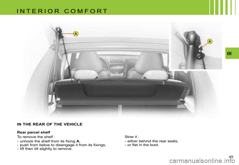 Citroen C1 DAG 2007 1.G Owners Manual �I�I�I
�4�5� 
�I�N� �T�H�E� �R�E�A�R� �O�F� �T�H�E� �V�E�H�I�C�L�E
�R�e�a�r� �p�a�r�c�e�l� �s�h�e�l�f 
�T�o� �r�e�m�o�v�e� �t�h�e� �s�h�e�l�f� �: 
�-�  �u�n�h�o�o�k� �t�h�e� �s�h�e�l�f� �f�r�o�m� �i�t