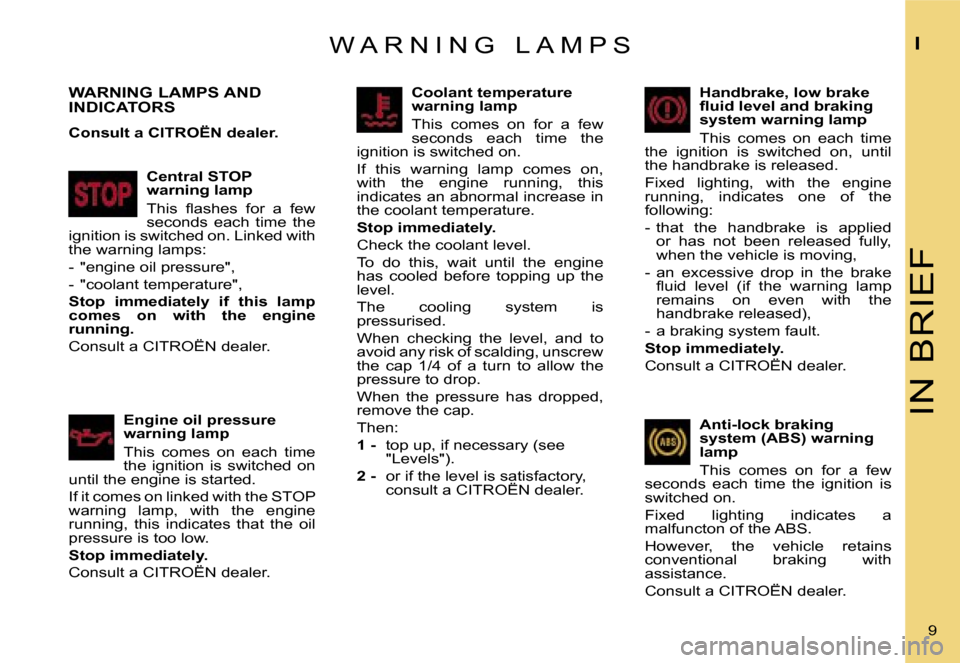 Citroen C1 DAG 2007 1.G Owners Manual �I�N� �B�R�I�E�F
�I
�9� 
�W �A �R �N �I �N �G �  �L �A �M �P �S
�W�A�R�N�I�N�G� �L�A�M�P�S� �A�N�D�  
�I�N�D�I�C�A�T�O�R�S
�C�o�n�s�u�l�t� �a� �C�I�T�R�O�Ë�N� �d�e�a�l�e�r�.
�C�e�n�t�r�a�l� �S�T�O�P�