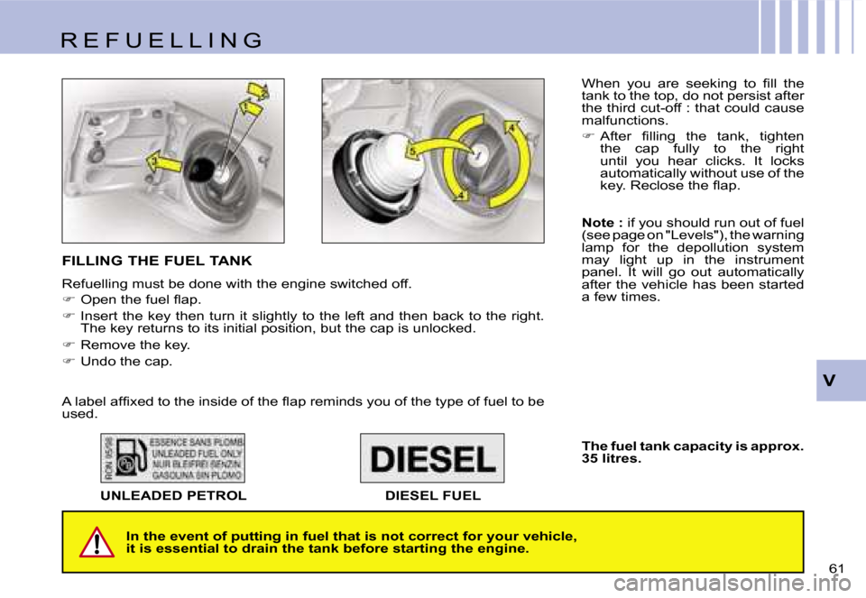 Citroen C1 DAG 2007 1.G Owners Manual �V
�6�1� 
�I�n� �t�h�e� �e�v�e�n�t� �o�f� �p�u�t�t�i�n�g� �i�n� �f�u�e�l� �t�h�a�t� �i�s� �n�o�t� �c�o�r�r�e�c�t� �f�o�r� �y�o�u�r� �v
�e�h�i�c�l�e�,� � 
�i�t� �i�s� �e�s�s�e�n�t�i�a�l� �t�o� �d�r�a�i