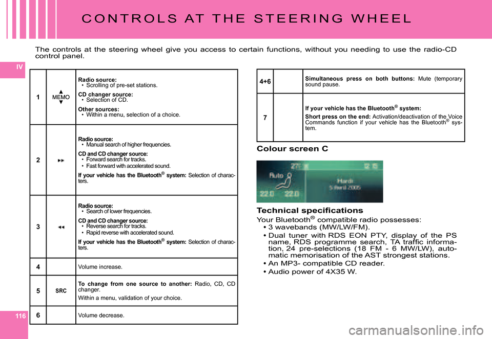 Citroen C6 2007 1.G Owners Manual 116
IV
1
Radio source:Scrolling of pre-set stations.
CD changer source:Selection of CD.CD changer source:
Other sources:Within a menu, selection of a choice.
