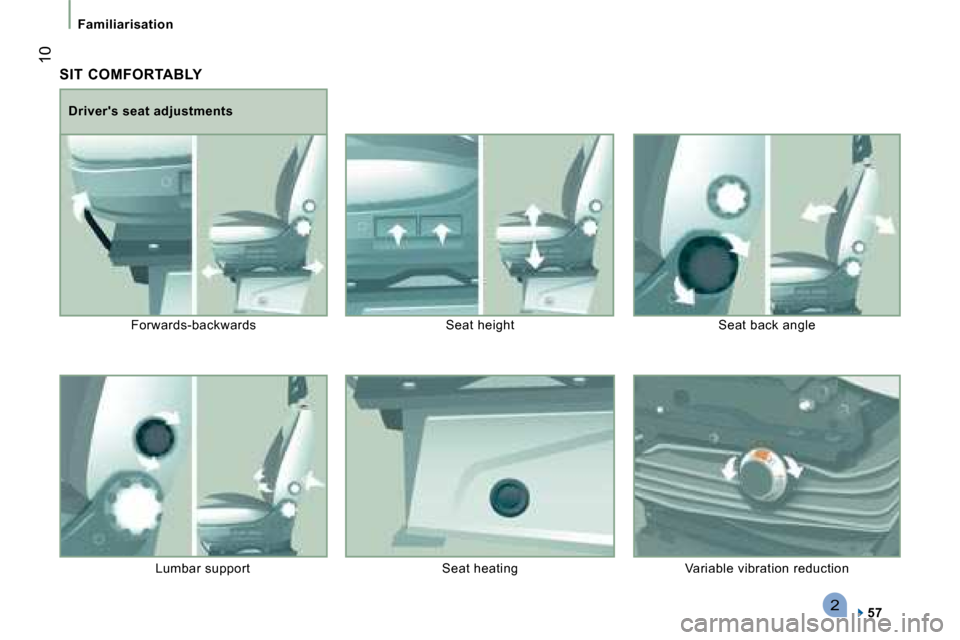 Citroen JUMPER DAG 2008.5 2.G Owners Manual 2
 10
Familiarisation
 SIT  COMFORTABLY 
57    
  Drivers seat adjustments 
 Forwards-backwards  Seat height  Seat back angle 
 Lumbar support  Seat heating  Variable vibration reduction        