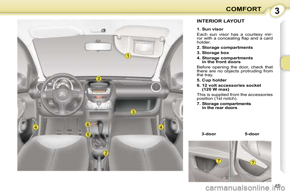 Citroen C1 DAG 2008 1.G Owners Manual 3
45
COMFORT
             INTERIOR LAYOUT 
  
�1�.� �S�u�n� �v�i�s�o�r   
 Each  sun  visor  has  a  courtesy  mir- 
�r�o�r� �w�i�t�h� �a� �c�o�n�c�e�a�l�i�n�g� �ﬂ� �a�p� �a�n�d� �a� �c�a�r�d� 
hold