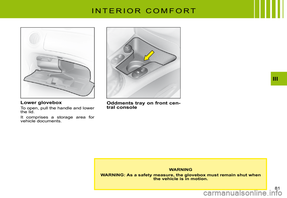 Citroen C3 PLURIEL 2008 1.G Owners Manual III
�8�1� 
I N T E R I O R   C O M F O R T
Lower glovebox
To open, pull the handle and lower the lid.
It  comprises  a  storage  area  for vehicle documents.
Oddments tray on front cen-tral console
WA