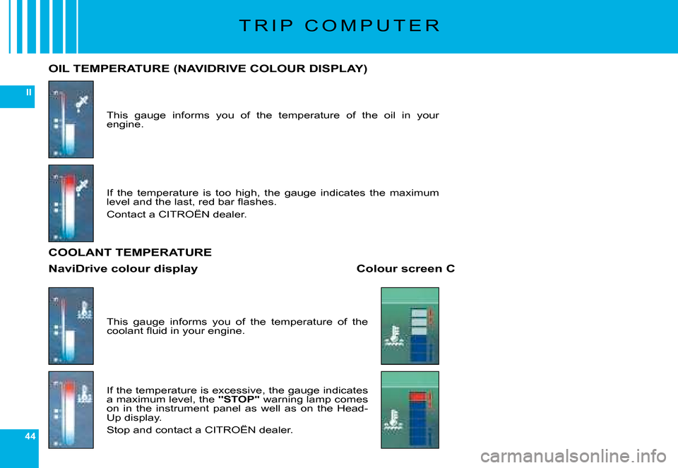 Citroen C6 2008 1.G Owners Manual 44
II
�T �R �I �P �  �C �O �M �P �U �T �E �R
�T�h�i�s�  �g�a�u�g�e�  �i�n�f�o�r�m�s�  �y�o�u�  �o�f�  �t�h�e�  �t�e�m�p�e�r�a�t�u�r�e�  �o�f�  �t�h�e�  �o�i�l�  �i�n�  �y�o�u�r� �e�n�g�i�n�e�.
OIL TEM