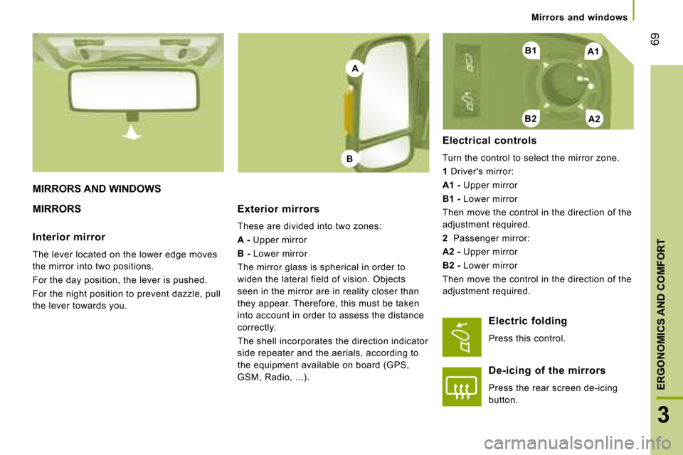 Citroen JUMPER DAG 2008 2.G Owners Manual A1
A2B2
B1
A
B
69
3
ERGONOMICS AND COMFORT
MIRRORS AND WINDOWS
MIRRORS Exterior mirrors
These are divided into two zones:
A - Upper mirror
B - Lower mirror
The mirror glass is Citroen JUMPER DAG 2008 2.G Owners Manual A1
A2B2
B1
A
B
69
3
ERGONOMICS AND COMFORT
MIRRORS AND WINDOWS
MIRRORS Exterior mirrors
These are divided into two zones:
A - Upper mirror
B - Lower mirror
The mirror glass is