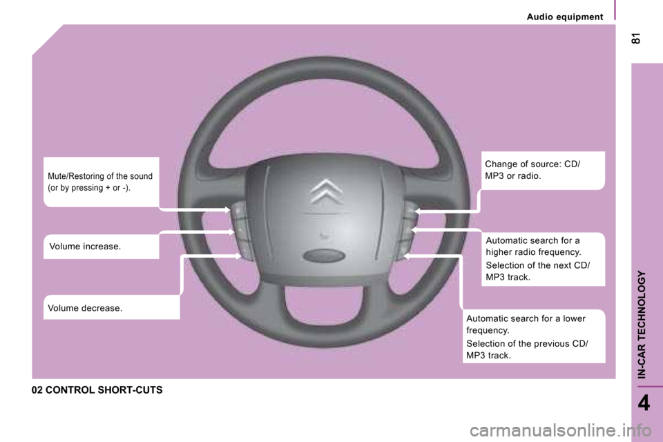 Citroen JUMPER DAG 2008 2.G Owners Manual    Audio  equipment   
4
IN-CAR TECHNOLOGY
 02 CONTROL SHORT-CUTS 
 Change of source: CD/ 
MP3 or radio.  Automatic search for a 
higher radio frequency.    
 Selection of the next CD/ 
MP3 track. 
 A