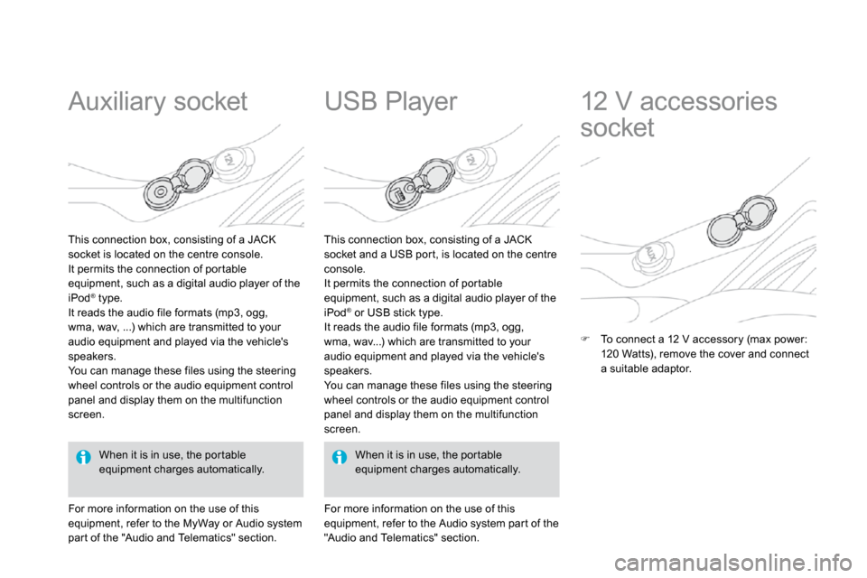 Citroen DS3 2009.5 1.G Owners Manual        Auxiliary socket 
  This connection box, consisting of a JACK socket is located on the centre console.  It permits the connection of por table equipment, such as a digital audio player of the i