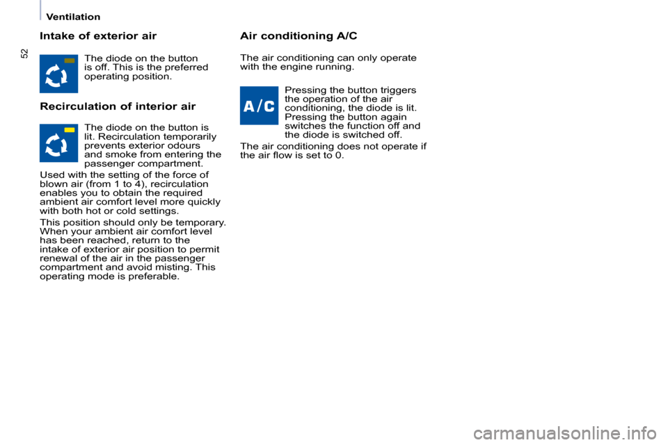 Citroen BERLINGO 2009 2.G Owners Manual �5�2
   Ventilation   
  Intake of exterior air  
  Recirculation of interior air   Air conditioning A/C 
� �T�h�e� �d�i�o�d�e� �o�n� �t�h�e� �b�u�t�t�o�n�  
�i�s� �o�f�f�.� �T�h�i�s� �i�s� �t�h�e� �p