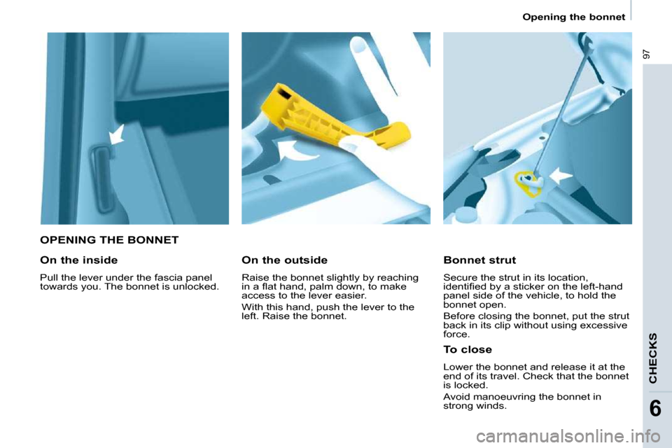 Citroen BERLINGO 2009 2.G Owners Manual 97
   Opening the bonnet   
CHECKS
6
   OPENING THE BONNET 
  Bonnet strut  
 Secure the strut in its location,  
�i�d�e�n�t�i�ﬁ� �e�d� �b�y� �a� �s�t�i�c�k�e�r� �o�n� �t�h�e� �l�e�f�t�-�h�a�n�d� 
p
