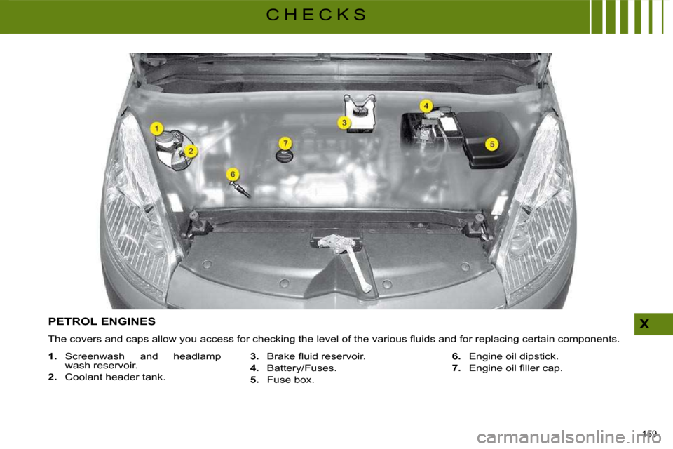 Citroen C4 PICASSO DAG 2009 1.G Owners Manual 159 
X
C H E C K S
           PETROL ENGINES 
� �T�h�e� �c�o�v�e�r�s� �a�n�d� �c�a�p�s� �a�l�l�o�w� �y�o�u� �a�c�c�e�s�s� �f�o�r� �c�h�e�c�k�i�n�g� �t�h�e� �l�e�v�e�l� �o�f� �t�h�e� �v�a�r�i�o�u�s� �