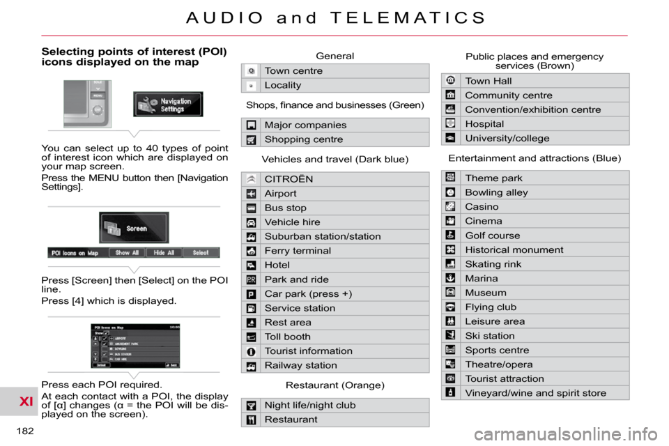 Citroen C CROSSER 2010.5 1.G Owners Manual XI
182 
A U D I O   a n d   T E L E M A T I C S
Selecting points of interest (POI) icons displayed on the map 
 You  can  select  up  to  40  types  of  point  
of  interest  icon  which  are  display