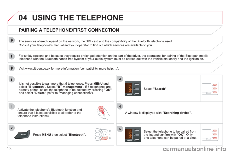 Citroen C ZERO 2010.5 1.G Owners Manual 04
1
2
4
3
5
138
USING THE TELEPHONE
PAIRING A TELEPHONE/FIRST CONNECTION
The services offered depend on the network, the SIM card and the compatibility of the Bluetooth telep Citroen C ZERO 2010.5 1.G Owners Manual 04
1
2
4
3
5
138
USING THE TELEPHONE
PAIRING A TELEPHONE/FIRST CONNECTION
The services offered depend on the network, the SIM card and the compatibility of the Bluetooth telep