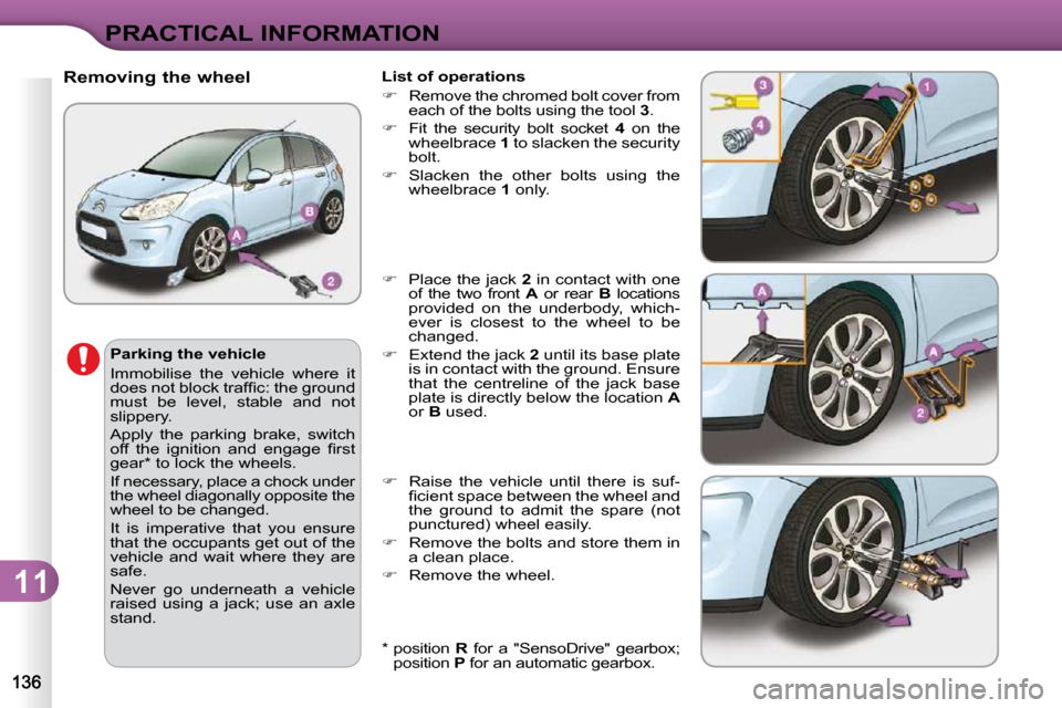 Citroen C3 2010.5 2.G Owners Manual 11
PRACTICAL INFORMATION
� � �*� � � � �p�o�s�i�t�i�o�n�  � R� �  �f�o�r�  �a�  �"�S�e�n�s�o�D�r�i�v�e�"�  �g�e�a�r�b�o�x�;� 
�p�o�s�i�t�i�o�n� �  P� � �f�o�r� �a�n� �a�u�t�o�m�a�t�i�c� �g�e�a�r�b�o�x