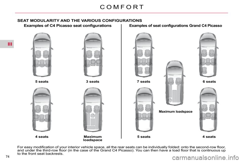 Citroen C4 PICASSO DAG 2010.5 1.G Owners Manual III
74 
C O M F O R T
SEAT MODULARITY AND THE VARIOUS CONFIGURATIONS 
  Examples of C4 Picasso seat configurations   
5 seats   
  
4 seats      
3 seats   
  
Maximum 
loadspace      Examples of seat