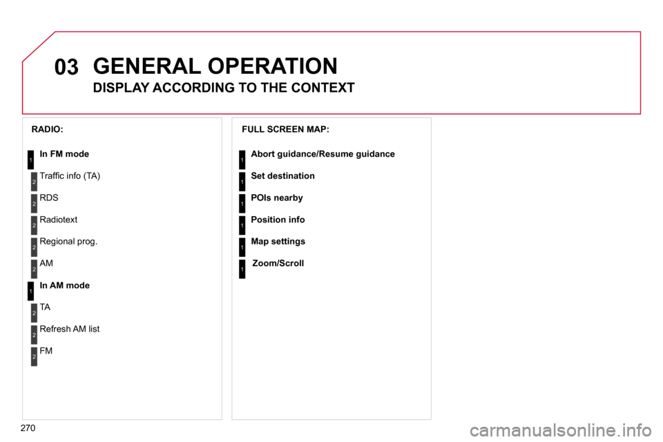 Citroen C5 2010.5 (RD/TD) / 2.G Owners Manual 03
270
GENERAL OPERATION
DISPLAY ACCORDING TO THE CONTEXT
� � �F�U�L�L� �S�C�R�E�E�N� �M�A�P�:� 
� �A�b�o�r�t� �g�u�i�d�a�n�c�e� �/�R�e�s�u�m�e� �g�u�i�d�a�n�c�e� � 
 Set destination 
 POIs nearby 
 P