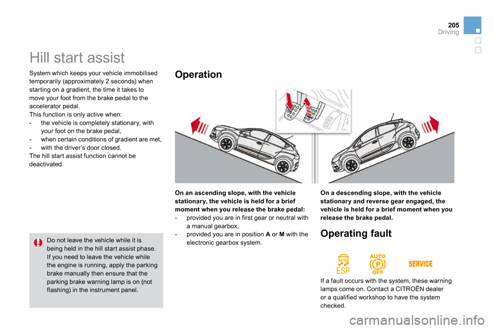 Citroen DS4 2010.5 1.G Owners Manual 205Driving
 System which keeps your vehicle immobilised temporarily (approximately 2 seconds) when star ting on a gradient, the time it takes to move your foot from the brake pedal to the accelerator 