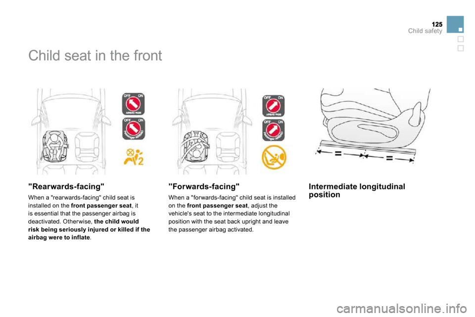 Citroen DS3 2010 1.G Owners Manual Child safety
 Child seat in the front  
  "Rearwards-facing" 
 When a "rear wards-facing" child seat is installed on the  front passenger seat , it is essential that the passenger airbag is deactivate