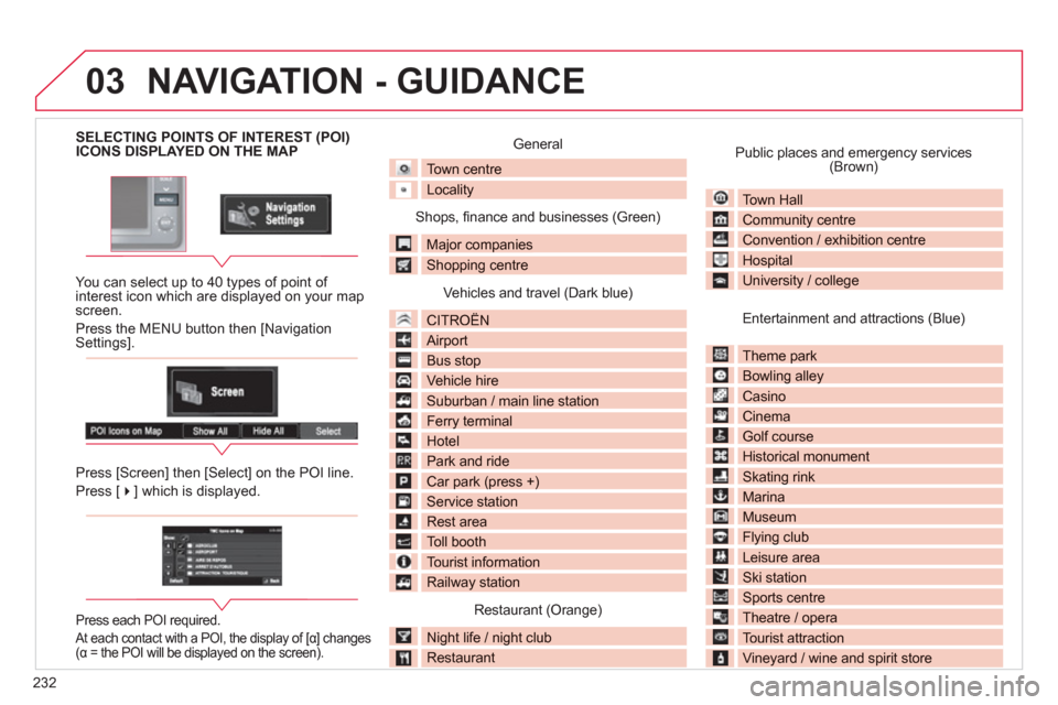 Citroen C4 2011.5 2.G Owners Manual 232
03
SELECTING POINTS OF INTEREST (POI) ICONS DISPLAYED ON THE MAP
You can select up to 40 t
ypes of point of interest icon which are displayed on your map screen.
Press the MENU button then [ Citroen C4 2011.5 2.G Owners Manual 232
03
SELECTING POINTS OF INTEREST (POI) ICONS DISPLAYED ON THE MAP
You can select up to 40 t
ypes of point of interest icon which are displayed on your map screen.
Press the MENU button then [