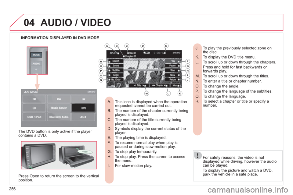 Citroen C4 2011.5 2.G Owners Manual 256
04
INFORMATION DISPLAYED IN DVD MODE
AUDIO / VIDEO
The DVD button is only active if the player contains a DVD.
Press
Open to return the screen to the vertical position.
For safet
y reaso Citroen C4 2011.5 2.G Owners Manual 256
04
INFORMATION DISPLAYED IN DVD MODE
AUDIO / VIDEO
The DVD button is only active if the player contains a DVD.
Press
Open to return the screen to the vertical position.
For safet
y reaso